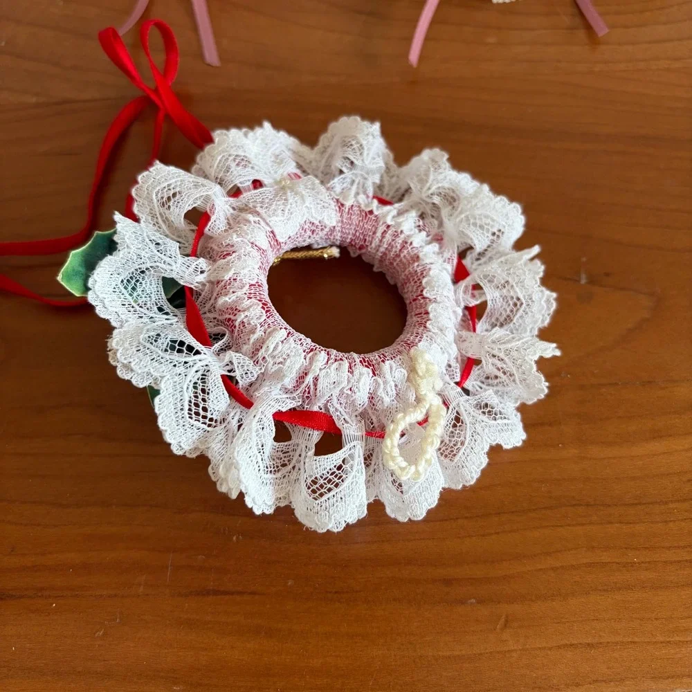 Vintage Handmade Lace Ornaments Set 3 Victorian Rose Pearl Wreath Shabby Chic